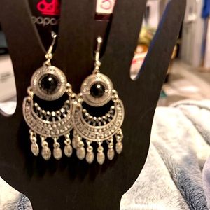 Silver fish hook earrings. black accent bead fringe at the bottom